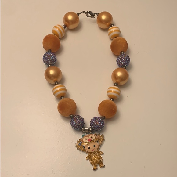 Handmade Jewelry - Gold and Orange Bohemian Necklace with Decorative Charm